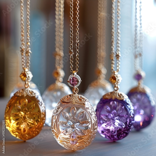 Elegant necklaces feature intricately carved crystal pendants in vibrant colors like amethyst purple, citrine yellow, and clear quartz. The pendants showcase exquisite traditional motifs. photo