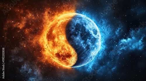 Celestial representation of yin and yang with contrasting fiery sun and icy moon in a cosmic backdrop