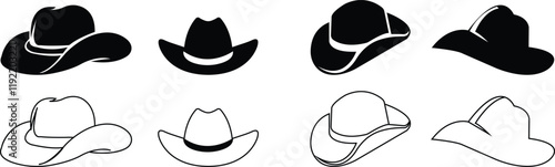 cowboy hat silhouettes icon set, headdress symbol, cap signs, bonnet silhouette, fedora shape, bowler, trilby baseball cap isolated on transparent background, used for mobile apps, web design elements