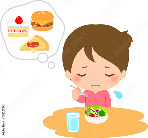 高カロリーの食べ物を我慢してサラダを食べる女性