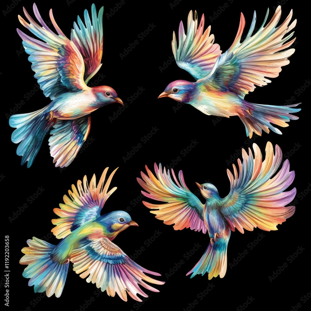 Vibrantly Colorful Birds in Flight with Detailed Plumage Displaying Various Wing Positions Against a Black Background for Artistic or Nature-Related Projects Vibrantly Colorful Birds in Flight with Detailed Plumage Displaying Various Wing Positions Against a Black Background for Artistic or Nature-Related Projects