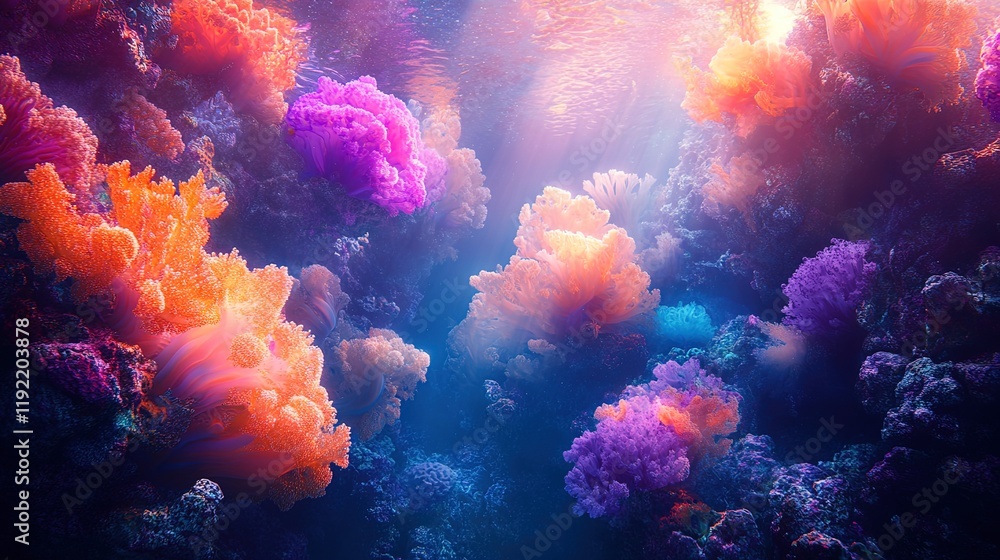 Bold and vibrant underwater abstract patterns with glowing coral shapes and luminescent tones Bold and vibrant underwater abstract patterns with glowing coral shapes and luminescent tones