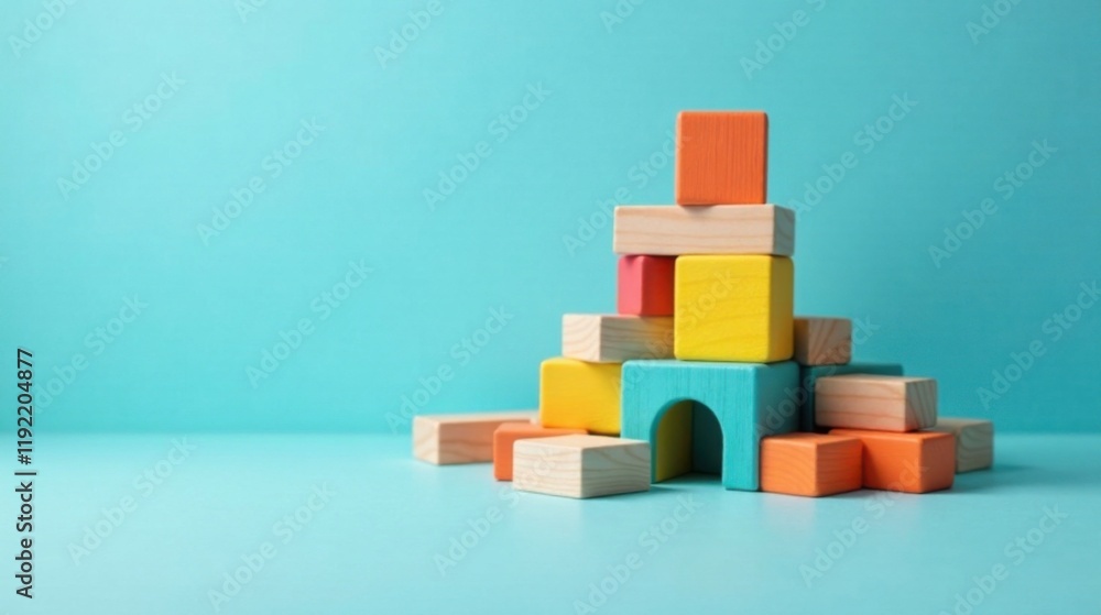 Colorful Wooden Blocks Arranged in a Creative Stacking Formation Against a Light Blue Background Colorful Wooden Blocks Arranged in a Creative Stacking Formation Against a Light Blue Background