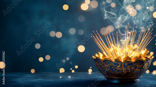 Low-poly wireframe incense sticks glowing softly with golden smoke trails, elegantly arranged in an ornate holder on a dark blue background, evoking calm and tradition. photo