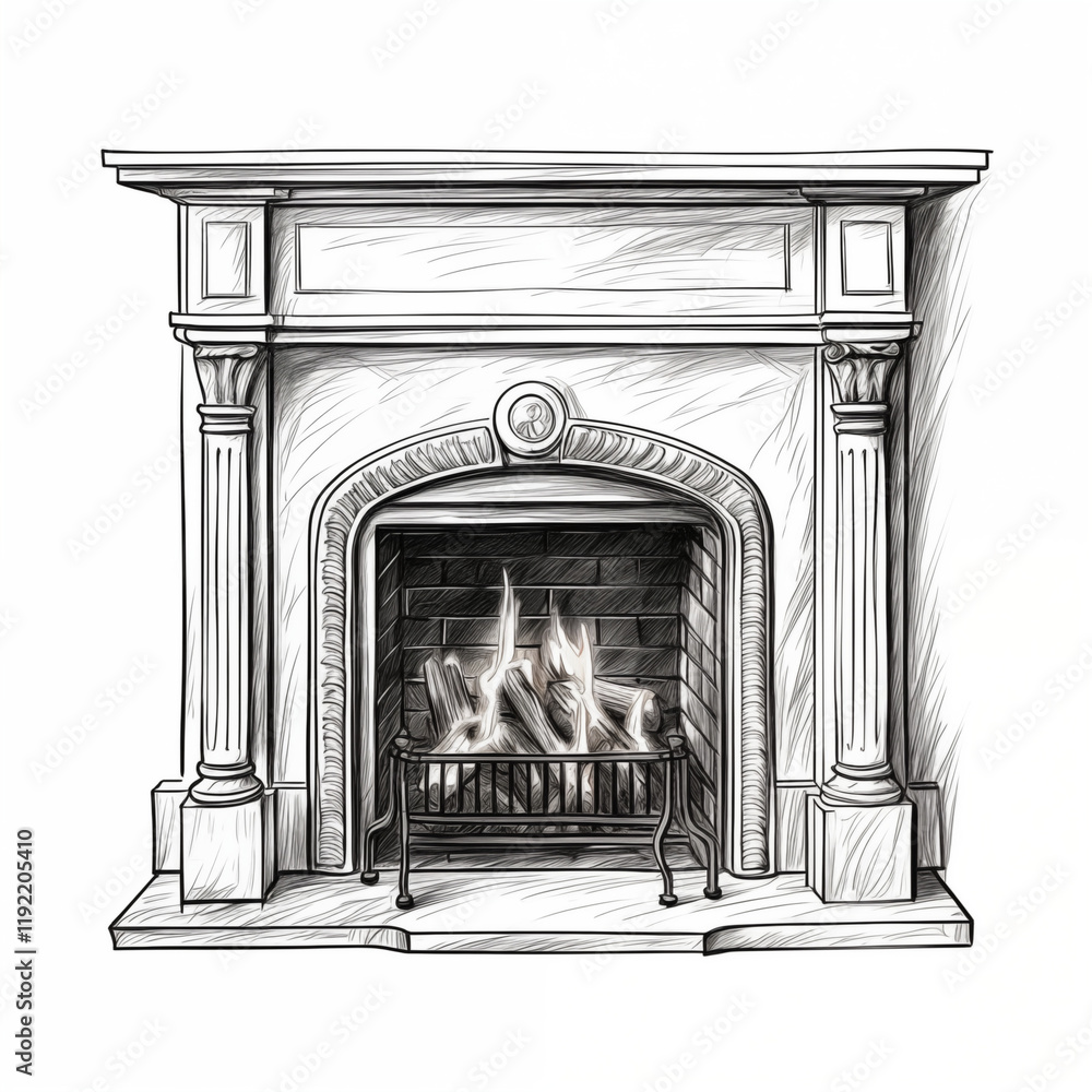 Fototapeta premium Fireplace with a burning flame, in a house, without people, isolated on a white background, simple black and white sketch, drawing, image, for printing on a T-shirt 
