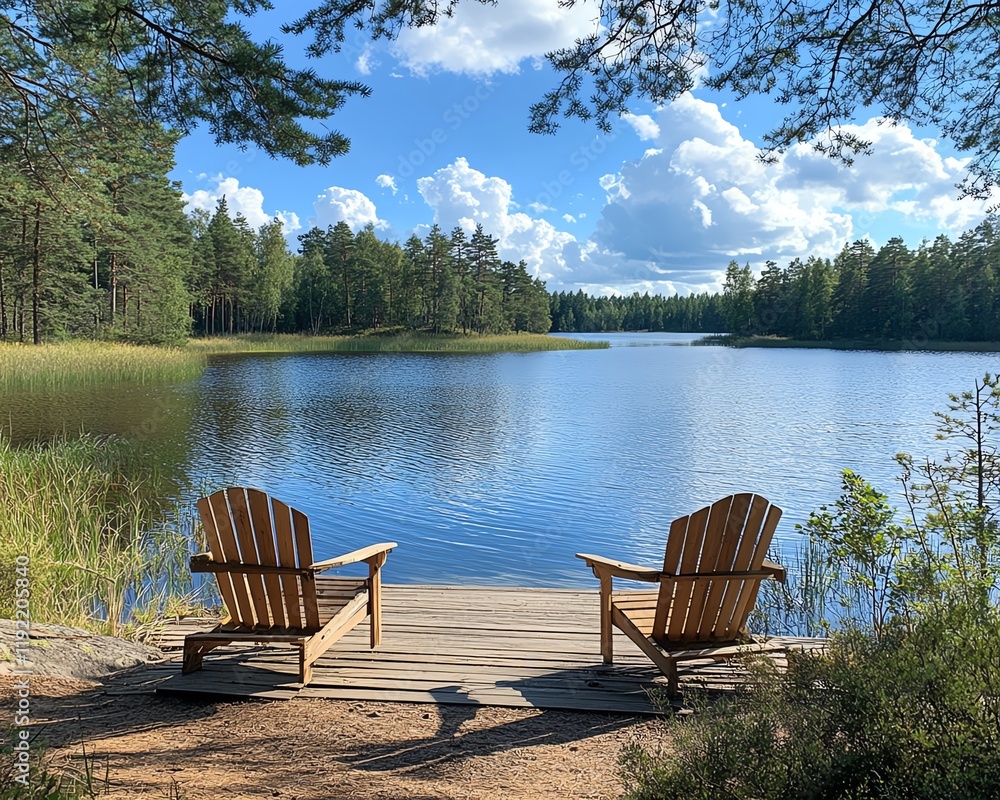Fototapeta premium Scandinavian summer lake view, rustic wooden dock stretching into serene waters, sundappled forest landscape, bright blue skies over peaceful Finnish nature