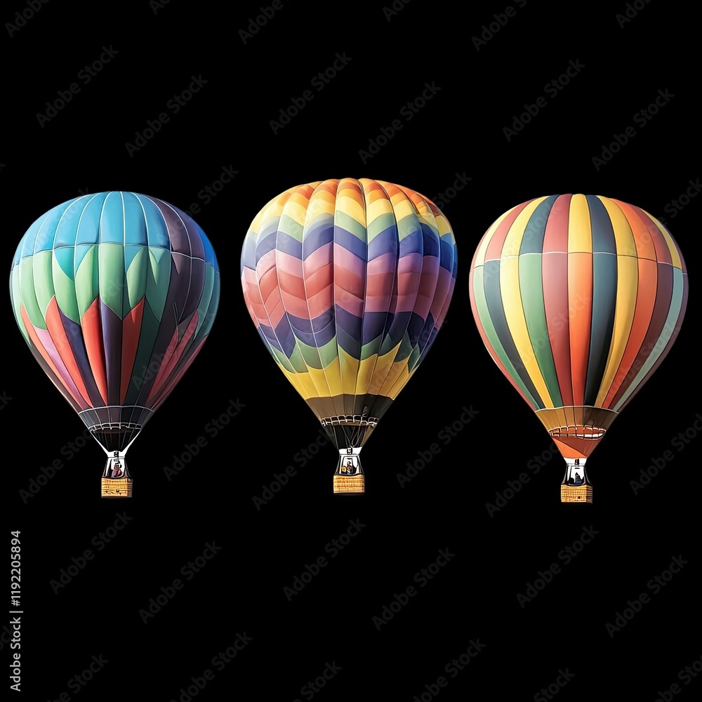 Fototapeta premium Colorful Hot Air Balloons in Vivid Patterns Against a Black Background Creating a Stunning Visual Display for Travel and Adventure Themes