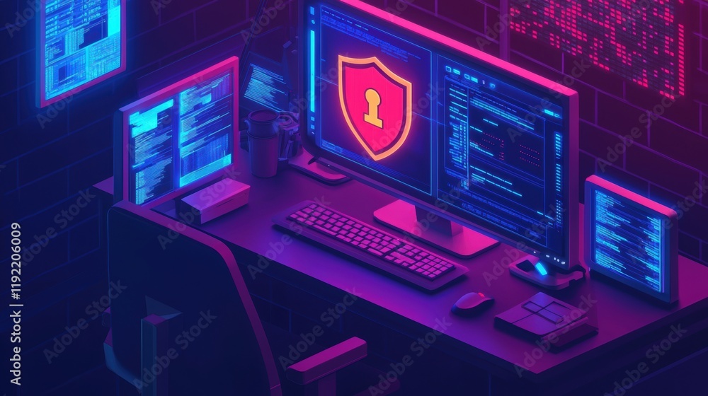 Fototapeta premium Cybersecurity Workspace with Computer and Digital Security Elements