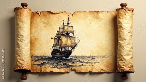 An Ancient Scroll Depicting a Majestic Sailing Vessel on a Calm Sea, a Historical Illustration of Maritime Exploration and Adventure