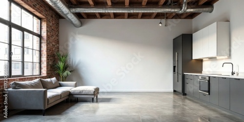 Modern Industrial Loft Apartment with Open Floor Plan and Stylish Gray Sectional Sofa