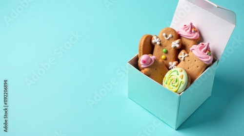 Delightful assortment of iced and decorated shortbread cookies in a pastel box
