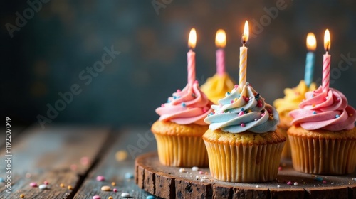 Delightful Celebration Three Sweet Cupcakes with Lit Candles on Rustic Wooden Surface