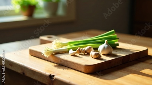Sunlit Kitchen Scene Fresh Scallions, Garlic, and Ginger on Wooden Cutting Board