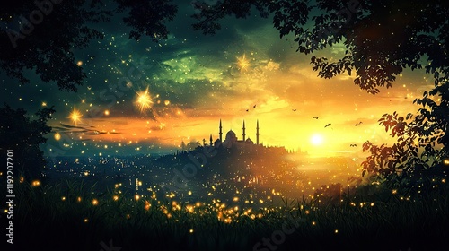 Magical sunset city landscape, fireflies, fantasy