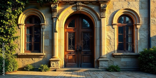 Golden Hour Illumination on an Ornate Stone Building Entrance with Double Wooden Doors and Arch Windows
