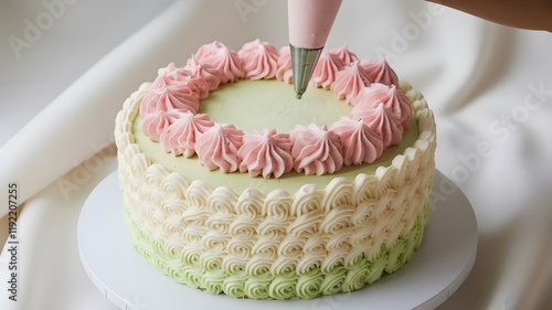 Photography Decorating a small round cake with pink and white frosting using a piping bag on