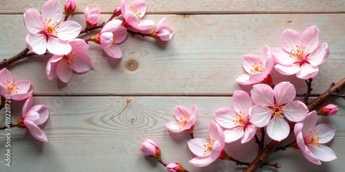 Delicate Pink Blossoms Arranged on Light Wooden Planks Creating a Charming Springtime Floral Display
