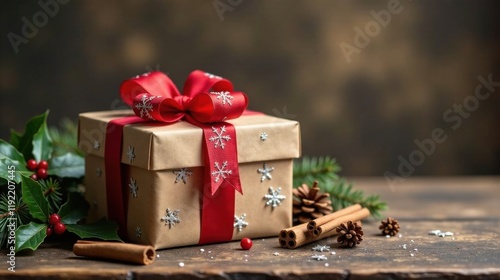 A festively wrapped gift box with a red ribbon and snowflake design, nestled amongst winter greenery and aromatic cinnamon sticks on a rustic wooden surface.