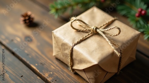 A simply wrapped gift, tied with twine, sits on a rustic wooden surface, next to a pine branch and a small pine cone.  The image evokes feelings of warmth, simplicity, and the holiday season.