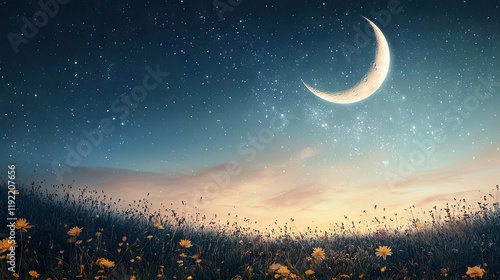 Night sky, crescent moon, wildflowers, peaceful landscape, nature background