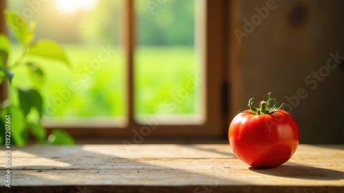 A vibrant red tomato rests on a rustic wooden surface, bathed in sunlight streaming through a window, showcasing the beauty of simple, fresh produce against a blurred backdrop of verdant nature