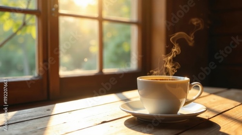 Aromatic Steam Rising from a Warm Cup of Coffee on a Wooden Table by a Sunlit Window