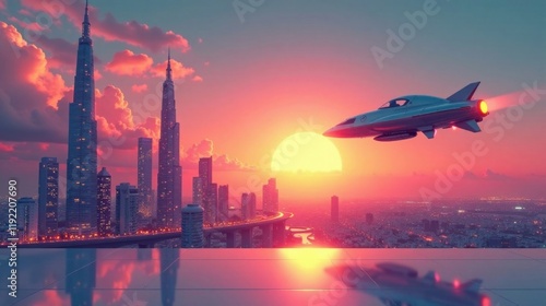 A futuristic aircraft soars over a vibrant cityscape at sunset, casting a long shadow on a sleek, modern rooftop.