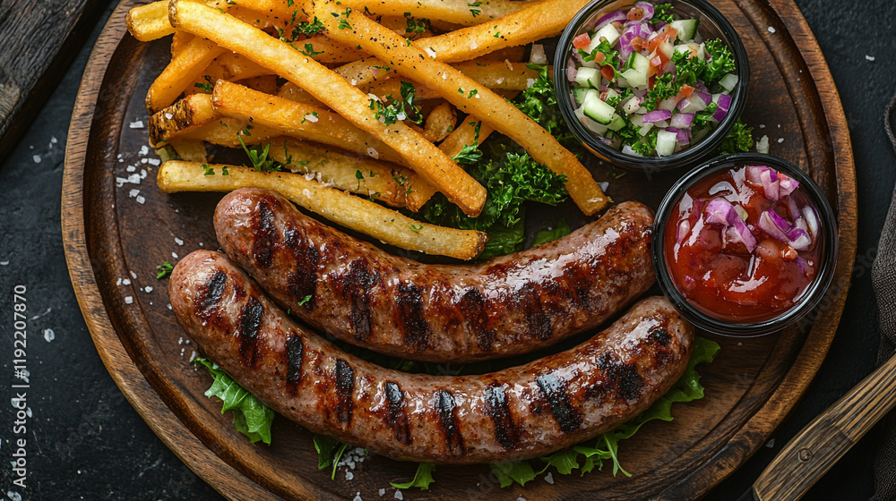 Grilled sausages served with crispy fries and fresh salsa at a rustic dining setting Grilled sausages served with crispy fries and fresh salsa at a rustic dining setting