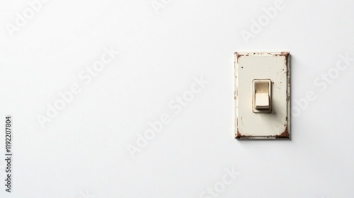 A weathered off-white light switch with rusty edges mounted on a plain white wall, suggesting age and rustic charm