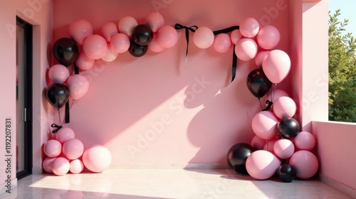 Pink and black balloons create a festive archway against a pale pink wall on a sunlit balcony