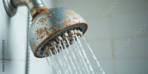 A heavily soiled showerhead with mineral deposits and sediment buildup, needs a thorough cleaning to restore water flow and hygiene