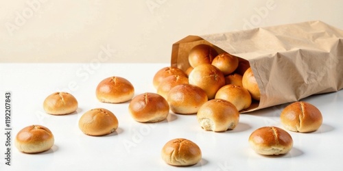A paper bag overflowing with freshly baked, golden-brown rolls spills onto a pristine white surface, several rolls scattered nearby, creating a tempting display of delicious baked goods.