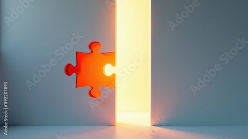 Illuminated Puzzle Piece Reveals a Bright Passageway, Symbolizing Discovery and Breakthrough in Problem Solving