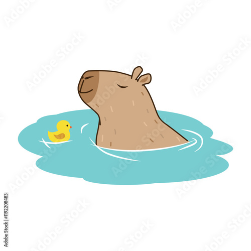 Cute capybara swims in the water with a rubber duck. The capybara squints with pleasure. A rodent. Vector illustration for design and web.