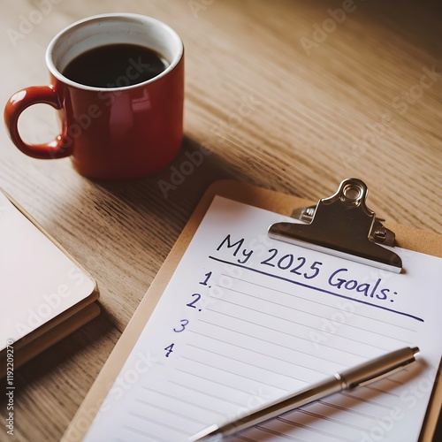 my 2025 goals list on clipboard and coffee against grunge wood desk, setting New Year goals and resolutions photo