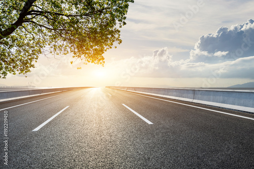 Asphalt road and green tree with coastline scenery. Outdoor road background.