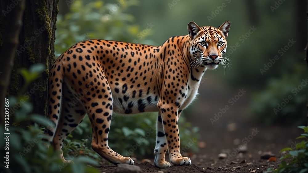 Obraz premium A well-fed leopard walks along a forest path