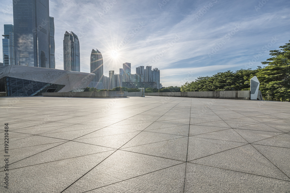 Empty city square with modern buildings scenery in Guangzhou, China. Outdoor city background.
