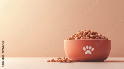 Dry dog food in a bowl with paw print on warm background