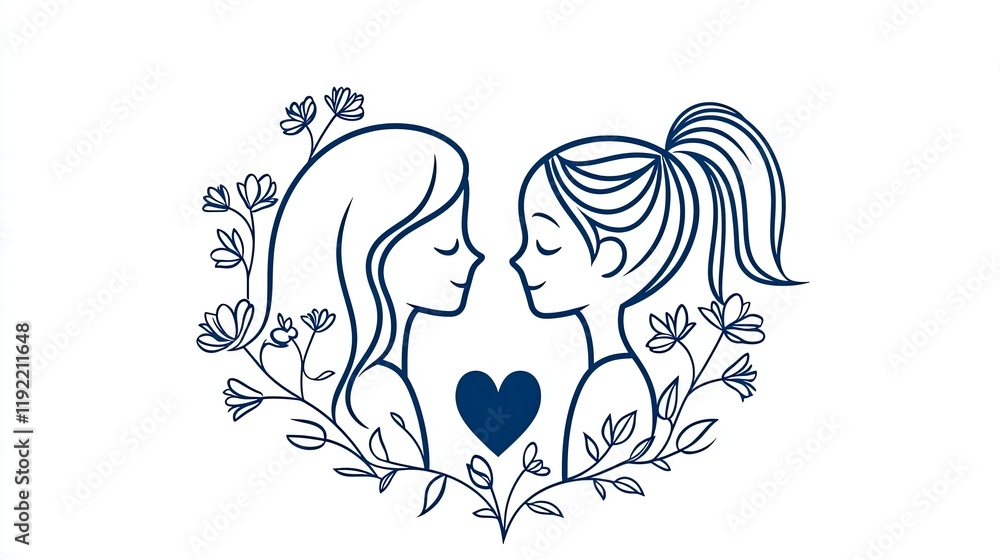 Naklejka premium Two Women with Flowers: A Minimalist Line Art Illustration of Friendship and Love