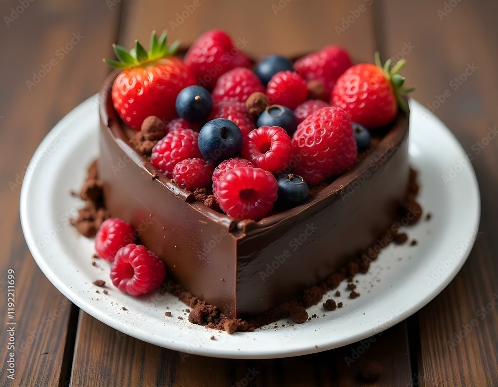 Heart-shaped chocolate cake with fresh berries Heart-shaped chocolate cake with fresh berries