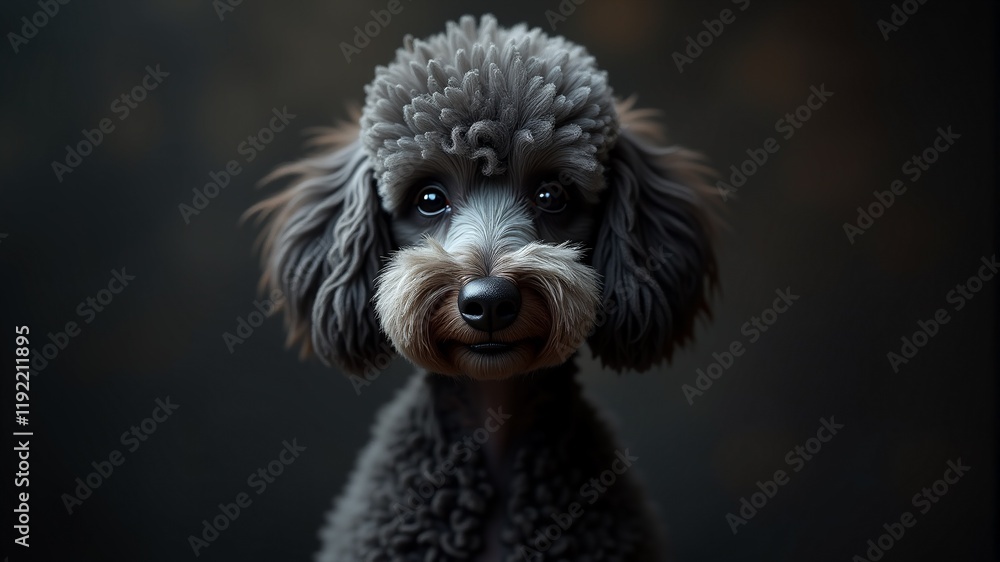 Cute gray poodle puppy on a dark background close-up Cute gray poodle puppy on a dark background close-up