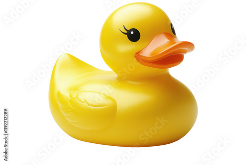 Bright yellow rubber duck floating on a white background ready for play and fun in the water