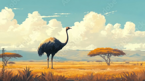 Ostrich Savannah Landscape Sunny Day Wildlife Illustration photo