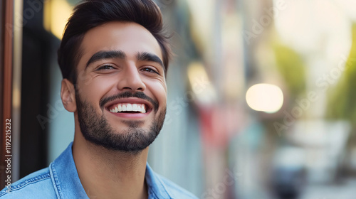 Cheerful bearded man in casual wear smiling in urban setting