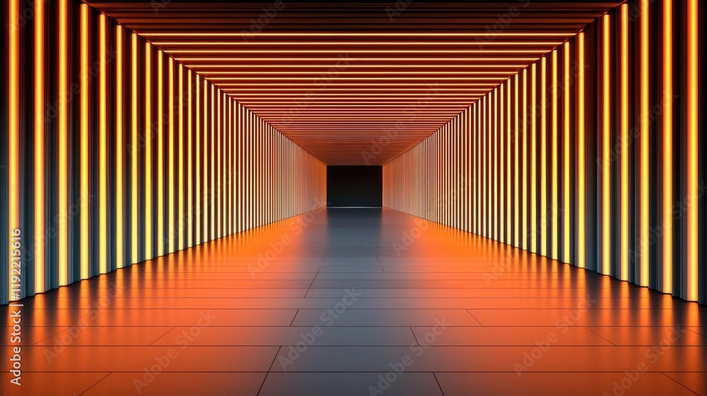 Fototapeta premium Minimal symmetry concept. A modern corridor illuminated by vibrant orange and blue lights creating a stunning effect.