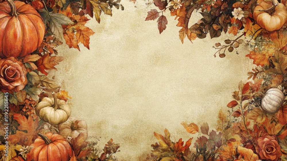Fototapeta premium Autumnal Harvest: A Rustic Thanksgiving Frame of Pumpkins, Leaves, and Flowers