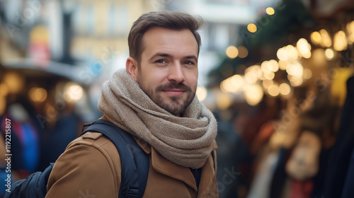 Stylish man with scarf and backpack in evening city lights