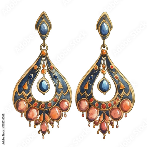 A watercolor vector of a pair of antique earrings, isolated on a white background. Antique earrings vector.
