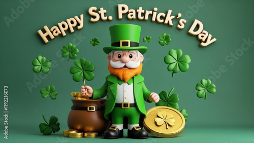St. Patrick's Day C4D 3D Rendered Clay Grandpa with Green Hat, Scarf, Clothes, Shamrocks, and Coins on a Solid Background with 